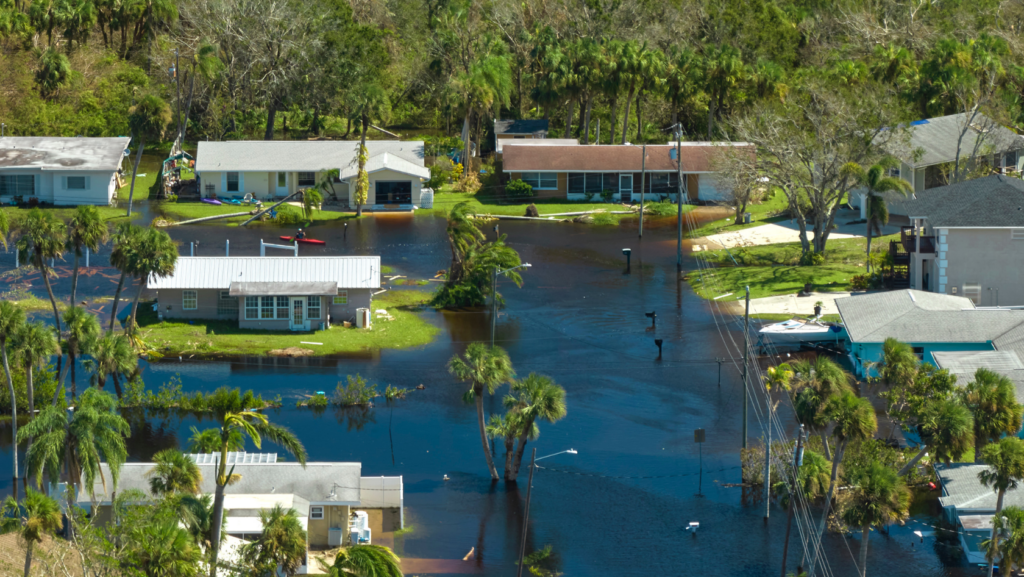 Flooded suburban neighborhood; water covers yards and streets, with palm trees and single-story houses partially submerged.