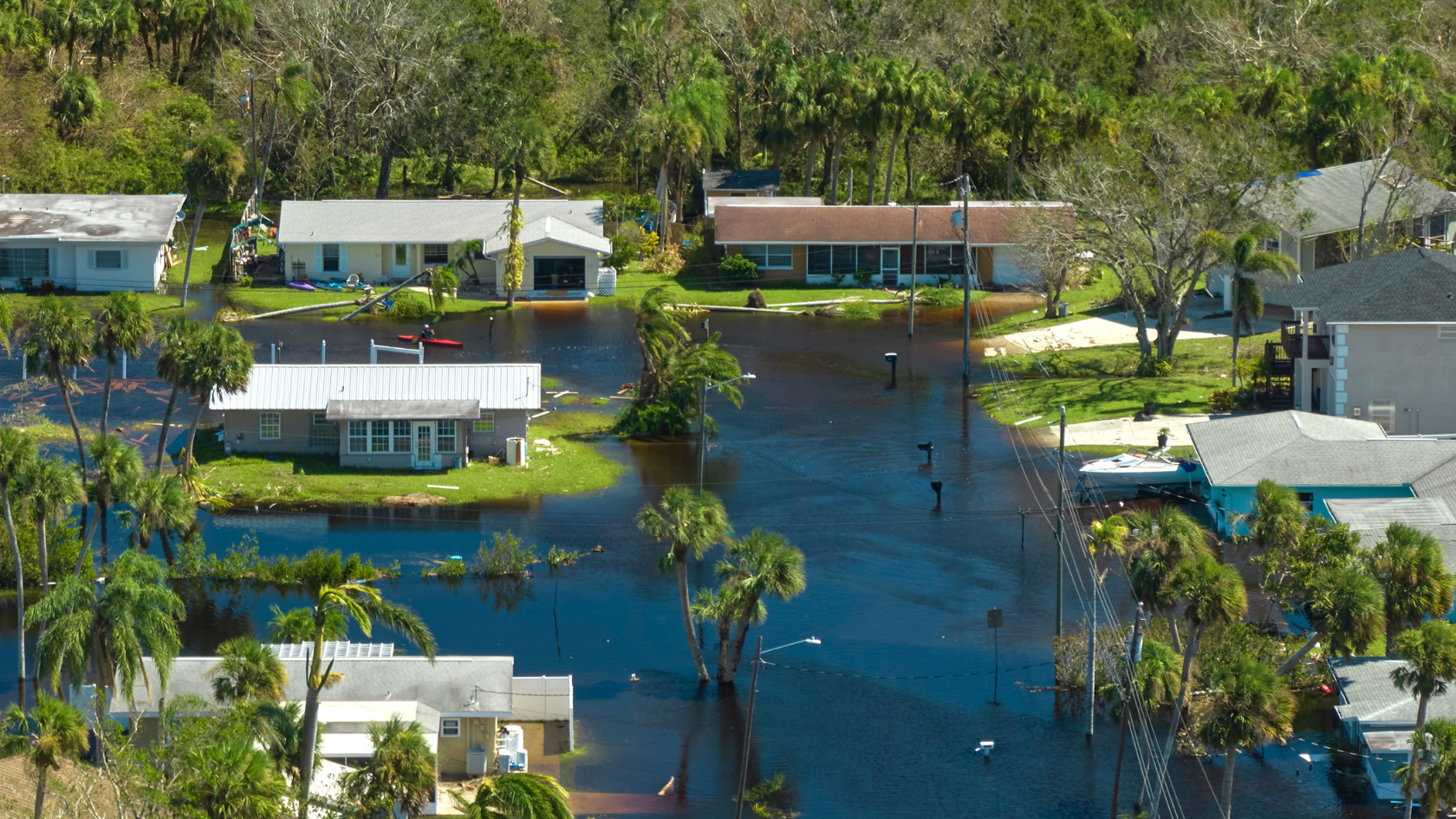 Flooded suburban neighborhood; water covers yards and streets, with palm trees and single-story houses partially submerged.