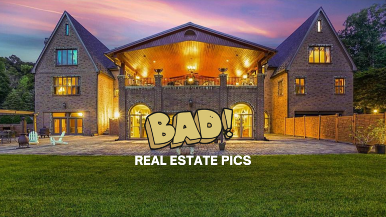 Brick house with warm lights at dusk, outdoor patio and bold 'BAD!' Real Estate Pics overlay