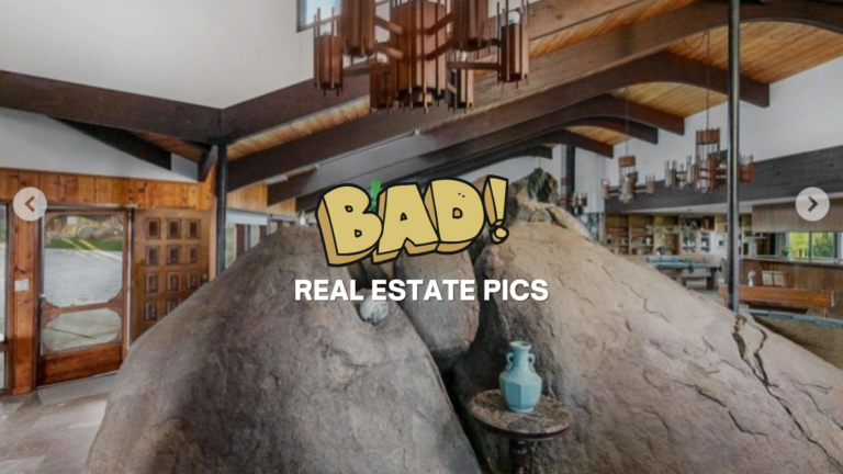 Rustic indoor showroom with a giant rock centerpiece, wooden beams, and a turquoise vase; BAD! Real Estate Pics logo overlays the center.