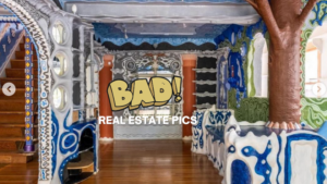 Colorful, eclectic interior with blue-and-white decor, stairs on the left and a tree trunk sculpture on the right, with BAD! REAL ESTATE PICS text.