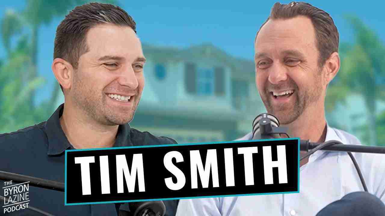 Two men smiling during a podcast recording, microphones in front, with a bold 'TIM SMITH' banner across the foreground.