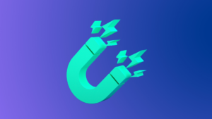Teal horseshoe magnet breaking into geometric shards on a purple‑to‑blue gradient background.
