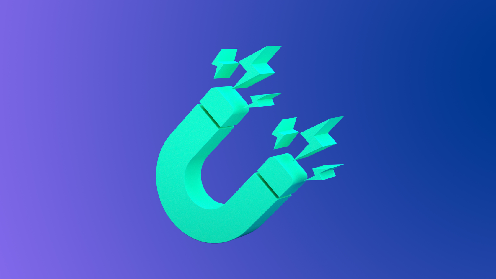 Teal horseshoe magnet breaking into geometric shards on a purple‑to‑blue gradient background.