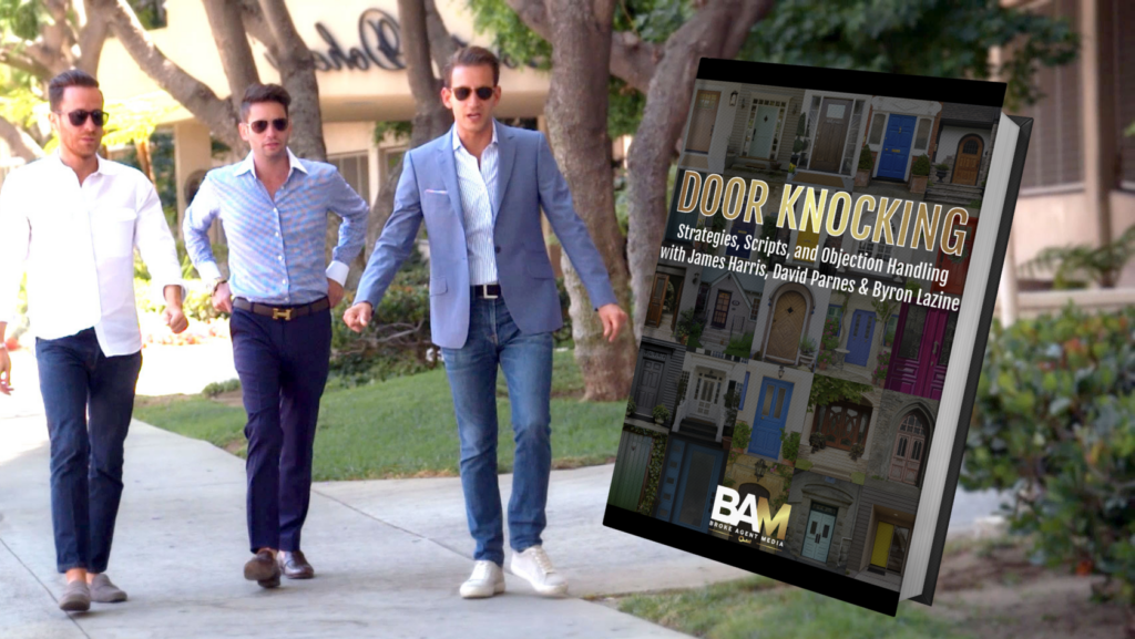 Three well-dressed men walk down a sunny sidewalk, a large book cover titled 'Door Knocking' tilted beside them suggesting a sales training resource.