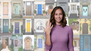 Smiling woman in a pink sweater waves, overlaid on a grid of colorful front doors behind her.