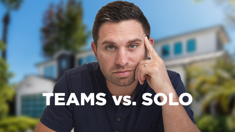 Man deep in thought with hand on temple; bold 'TEAMS vs. SOLO' text across the bottom.