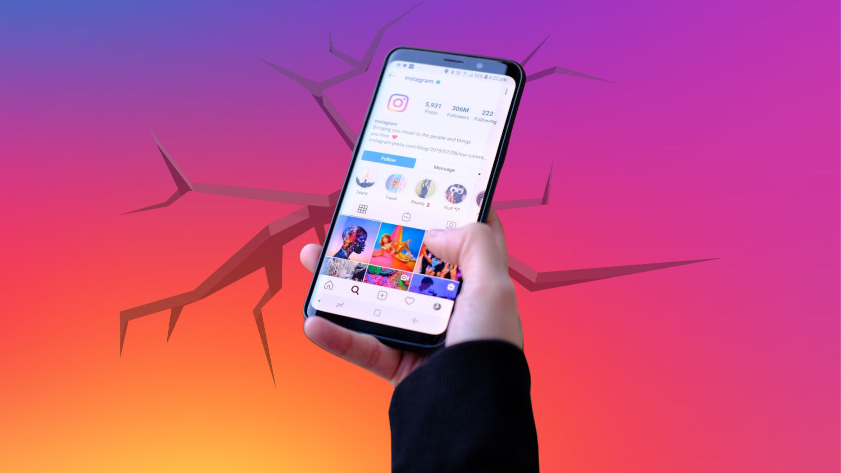 Hand holding a smartphone displaying an Instagram profile over a purple‑orange gradient background with abstract shapes in the backdrop.