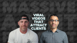 Two men flank a bold title reading 'Viral Videos That Attract Clients' on a dark patterned background, like a video thumbnail for a marketing channel.