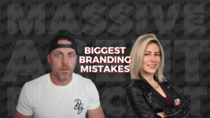 Thumbnail with a surprised man on the left and a smiling woman on the right, overlaid by bold text: 'Biggest Branding Mistakes', dark patterned background.