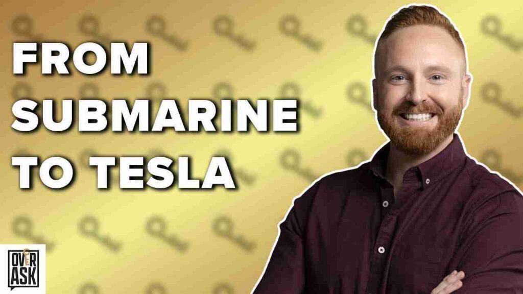 Thumbnail for a video: man with folded arms in front of a yellow patterned background, text reads 'FROM SUBMARINE TO TESLA' and a small logo bottom-left.