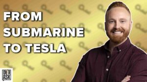 Thumbnail for a video: man with folded arms in front of a yellow patterned background, text reads 'FROM SUBMARINE TO TESLA' and a small logo bottom-left.