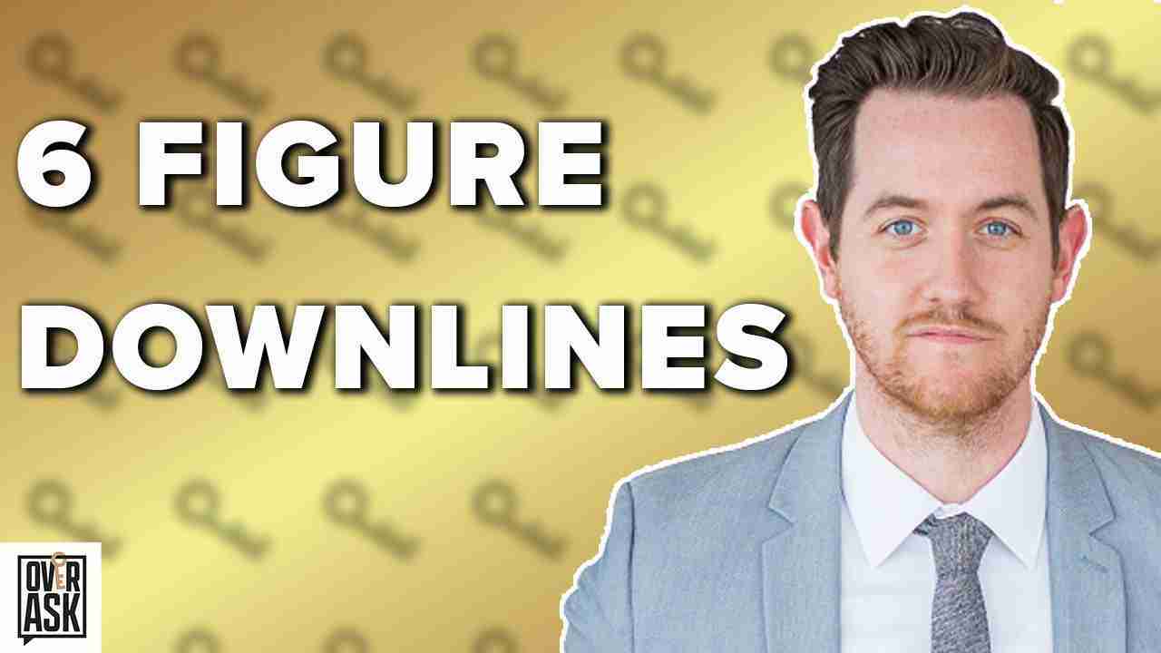 Video thumbnail about six-figure downlines in MLM; man in a gray suit on the right against a yellow patterned background.