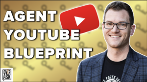 Thumbnail for a video about 'Agent YouTube Blueprint' featuring a smiling man with glasses and a YouTube play button graphic in a yellow background pattern behind him