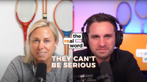 Split-screen thumbnail of two podcast hosts: woman left with mic, man right with headphones, bright background and