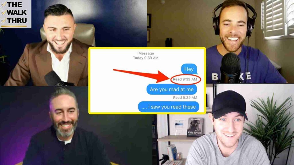 Group video call collage of five smiling men; center highlights an iMessage read receipt in a yellow-bordered box with 'Read 9:33 AM' text and a blue 'Hey' bubble on the right.