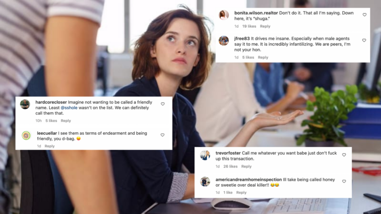 Young woman at a desk, glancing upward, with multiple social media comment bubbles overlaid in the scene.