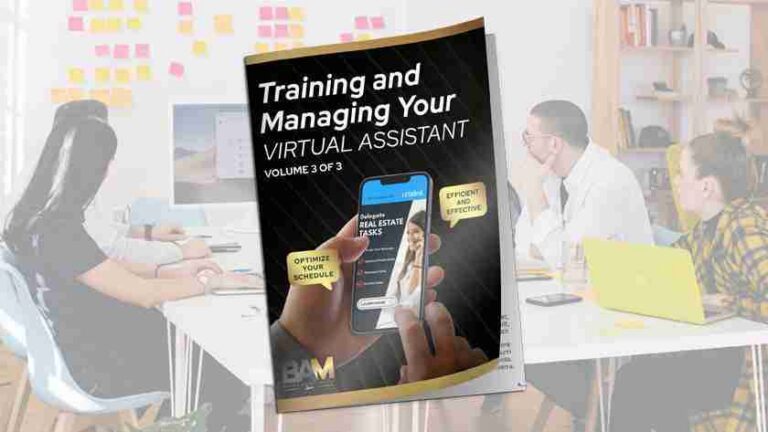 Magazine cover titled 'Training and Managing Your Virtual Assistant' held up in a bright office, showing a hand using a smartphone and stylus in the foreground.