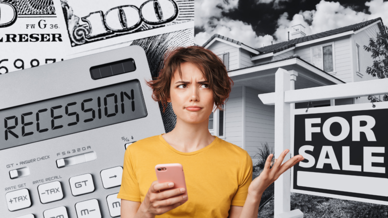 Collage showing a woman with a smartphone, a calculator reading RECESSION, cash, and a house with a For Sale sign nearby.