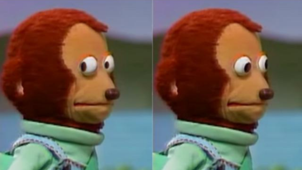 Two-frame image of a brown furry puppet in a green outfit, looking to the left with a puzzled expression.