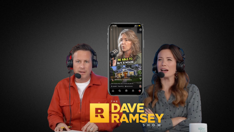 Two podcast hosts with headsets and microphones sit at a desk on a dark backdrop; a smartphone screen between them shows a housing-reel video.