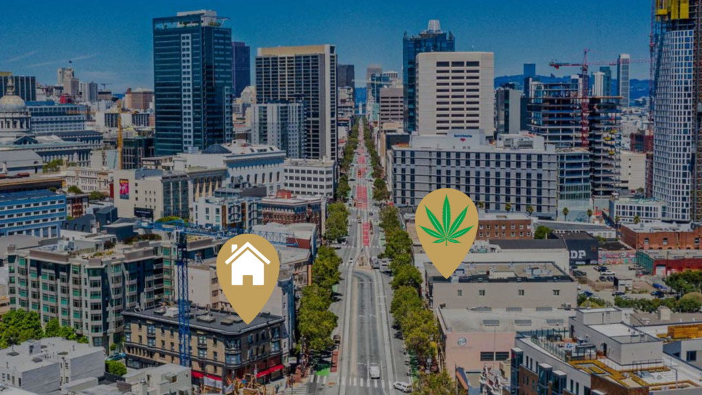 Aerial city street with two location pins: a beige pin with a white house icon and a beige pin with a green cannabis leaf, overlaying the scene.