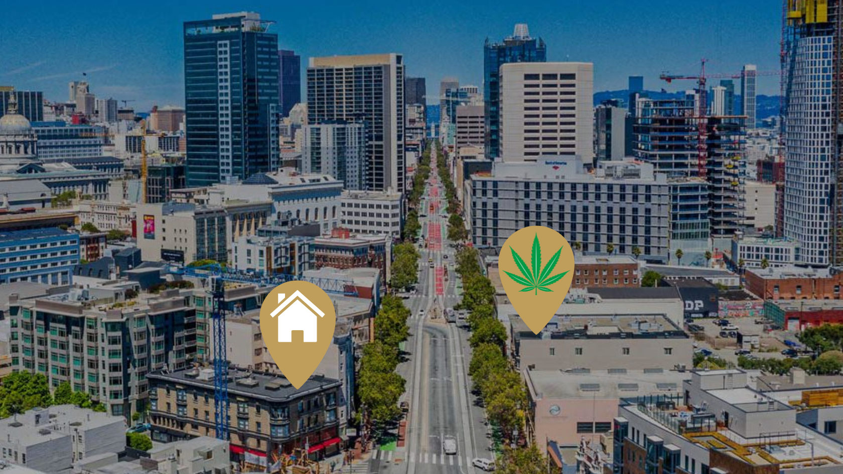 Aerial city street with two location pins: a beige pin with a white house icon and a beige pin with a green cannabis leaf, overlaying the scene.