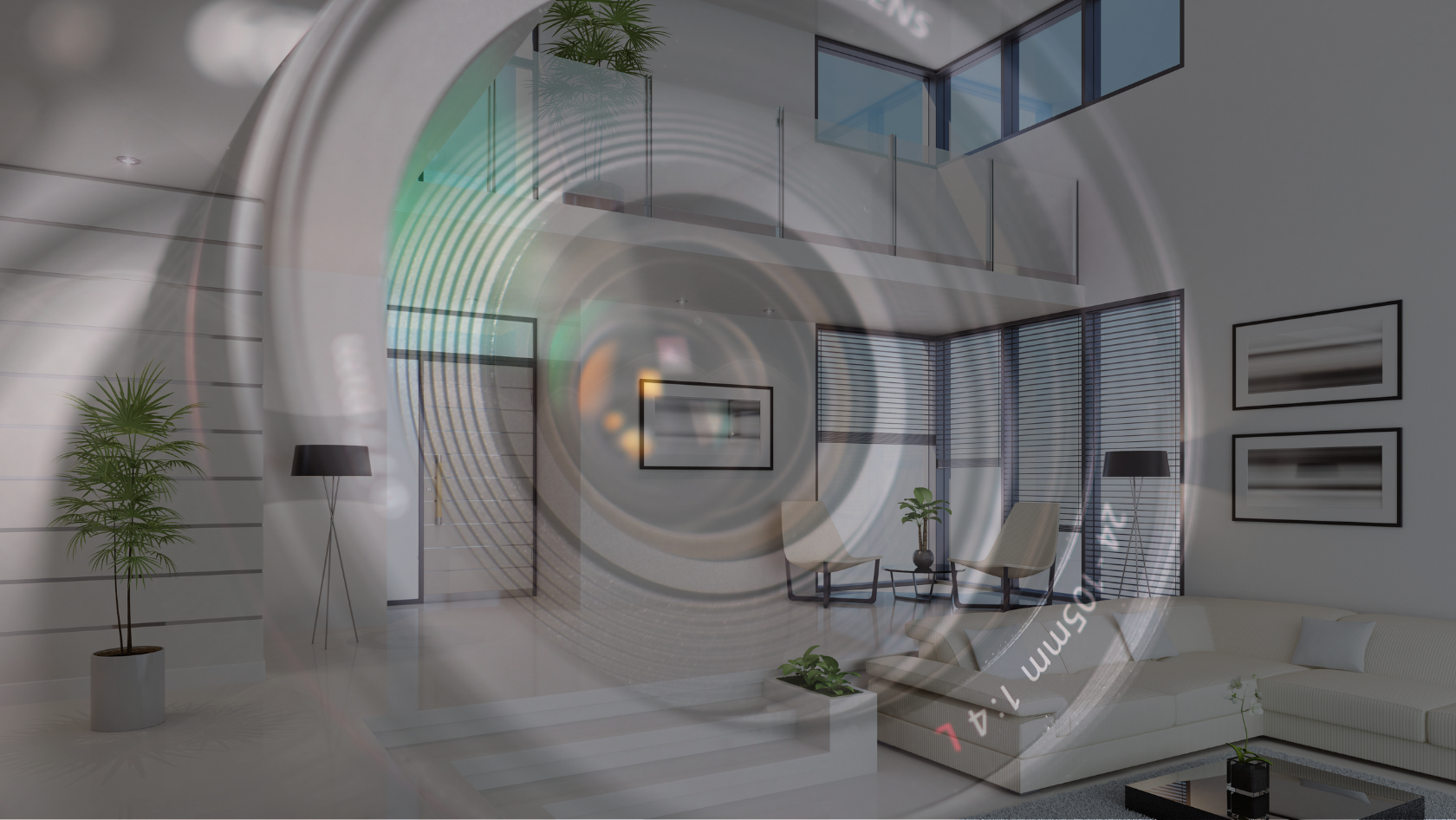 Contemporary living room with white sofa and plants, overlaid by a circular concentric ring pattern suggesting a security or scanning effect.