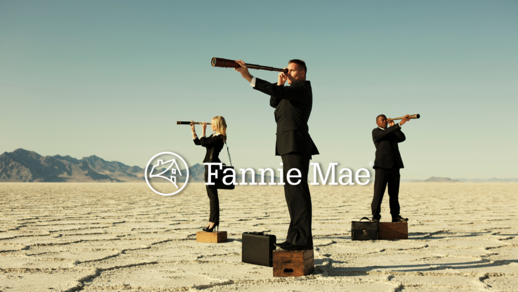 Three businesspeople in suits on wooden boxes in a desert, looking through telescopes, with a Fannie Mae logo overlaid.