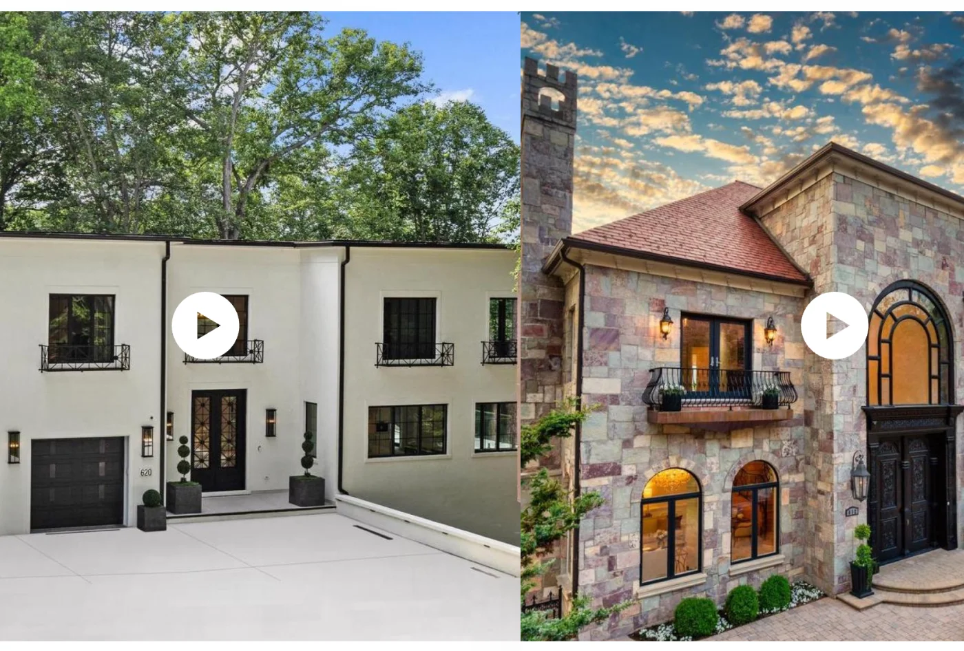 Split image of two houses: a modern white townhouse with trees behind, and a stone mansion with a red-tiled roof and arched windows.