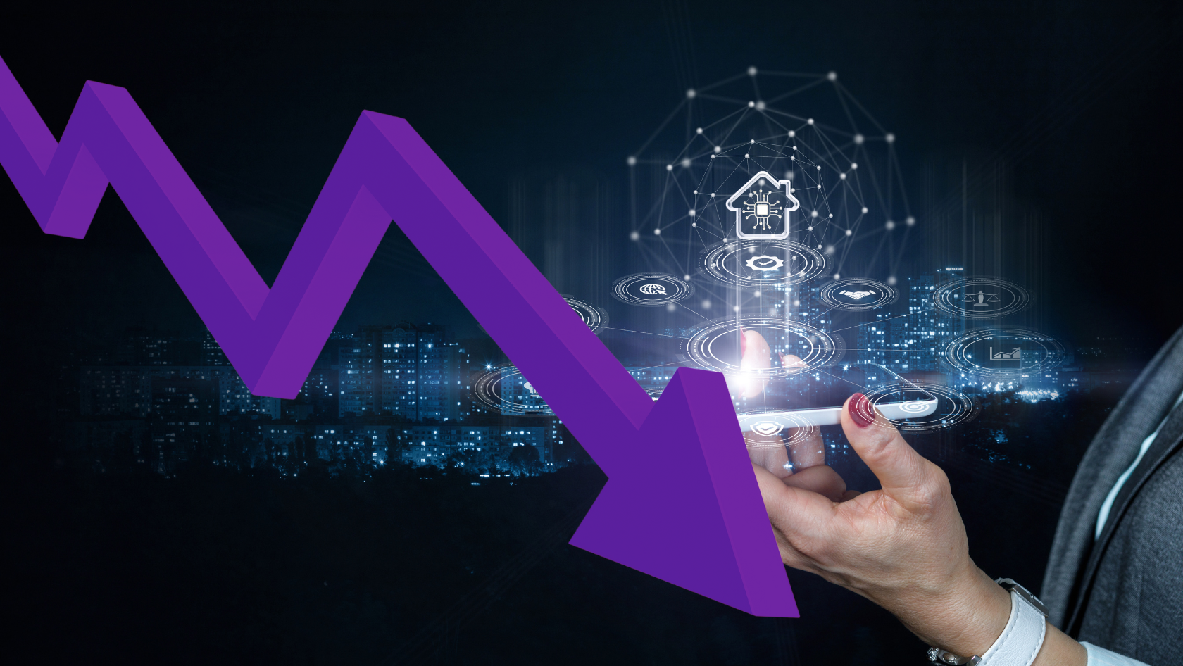 Purple zigzag arrow pointing downward over a cityscape, with a hand using a stylus to interact with holographic digital icons.