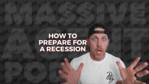 Thumbnail image: a surprised man on the right with bold white text 'HOW TO PREPARE FOR A RECESSION' across a dark patterned background (video thumbnail)