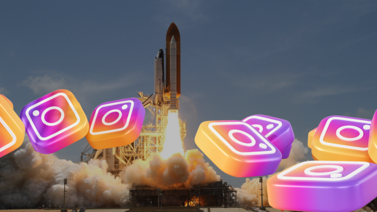 Rocket launch with oversized colorful Instagram logos floating in the foreground