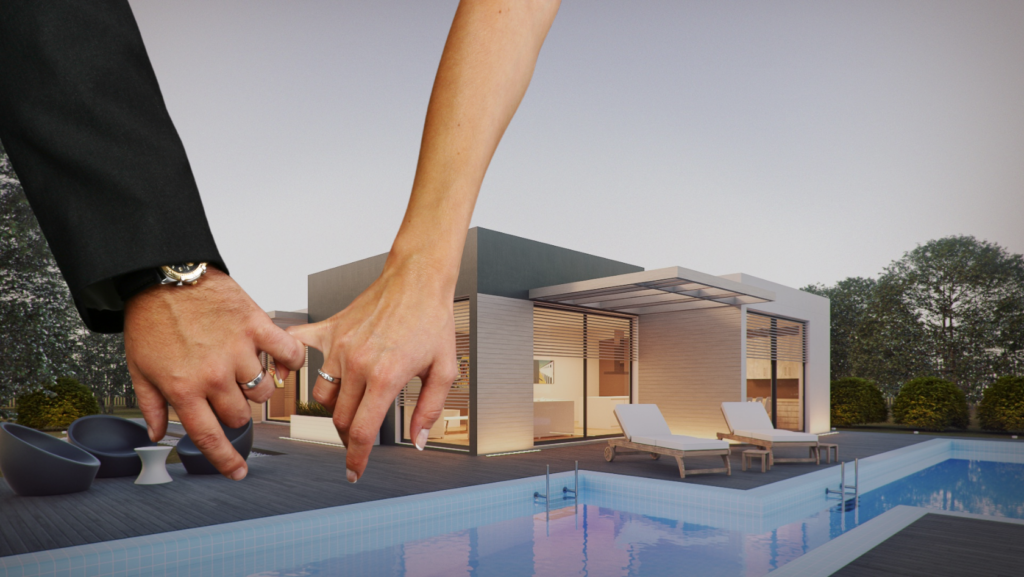 Two oversized hands with rings reach toward a modern glass-walled house by a pool, symbolizing partnership in building a home.