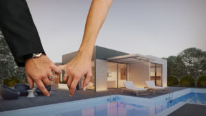 Two oversized hands with rings reach toward a modern glass-walled house by a pool, symbolizing partnership in building a home.