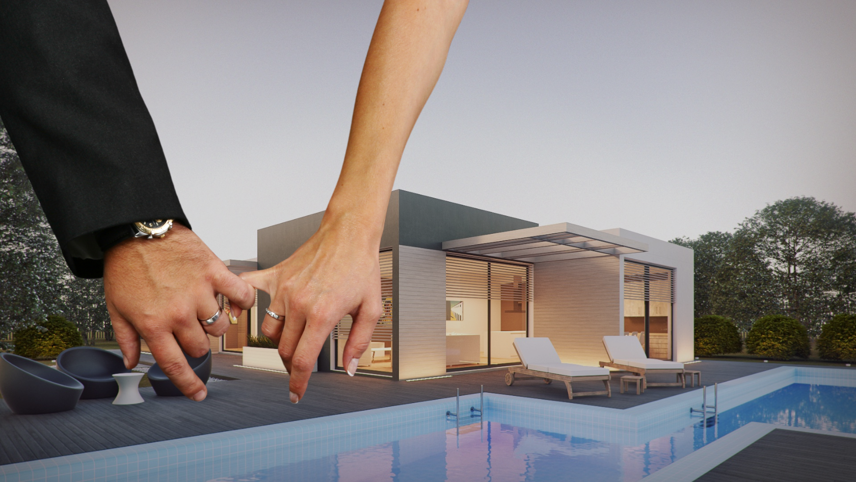 Two oversized hands with rings reach toward a modern glass-walled house by a pool, symbolizing partnership in building a home.