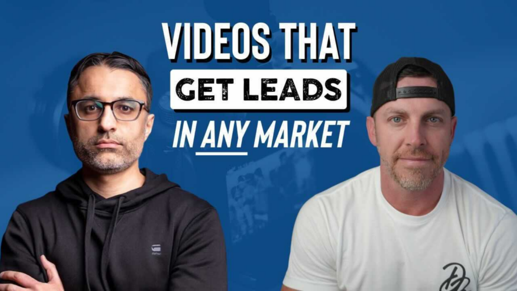 Two men stand against a blue background with bold white text reading 'VIDEOS THAT GET LEADS IN ANY MARKET' between them, suggesting a video thumbnail or interview cover.