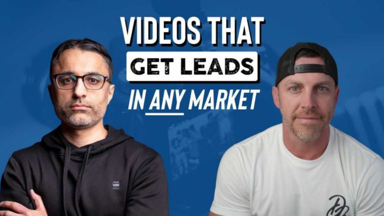 Two men stand against a blue background with bold white text reading 'VIDEOS THAT GET LEADS IN ANY MARKET' between them, suggesting a video thumbnail or interview cover.
