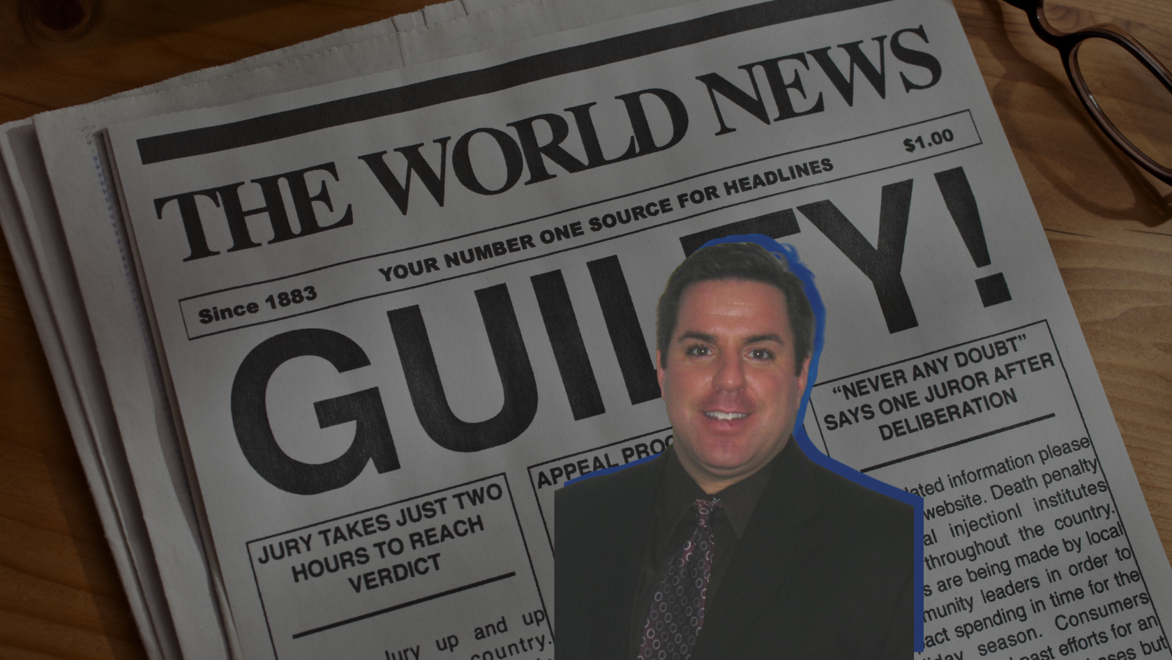 Front page of a newspaper with a bold 'GUNNY!' headline and a man’s portrait pasted over the text.