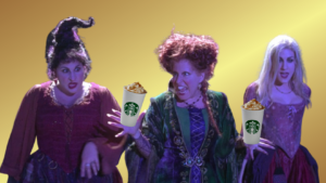 Three costumed witches posing with Starbucks coffee drinks in front of a yellow gradient background.
