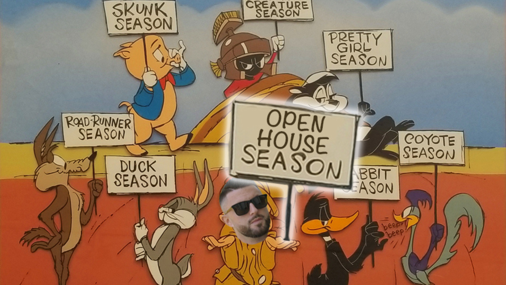 Whimsical cartoon of animals holding seasonal signs, with a large 'Open House Season' sign in the center foreground.