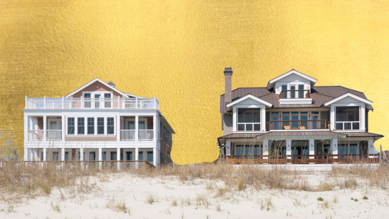 Two seaside houses on a sandy beach with tall dune grasses and a bright gold backdrop between them.
