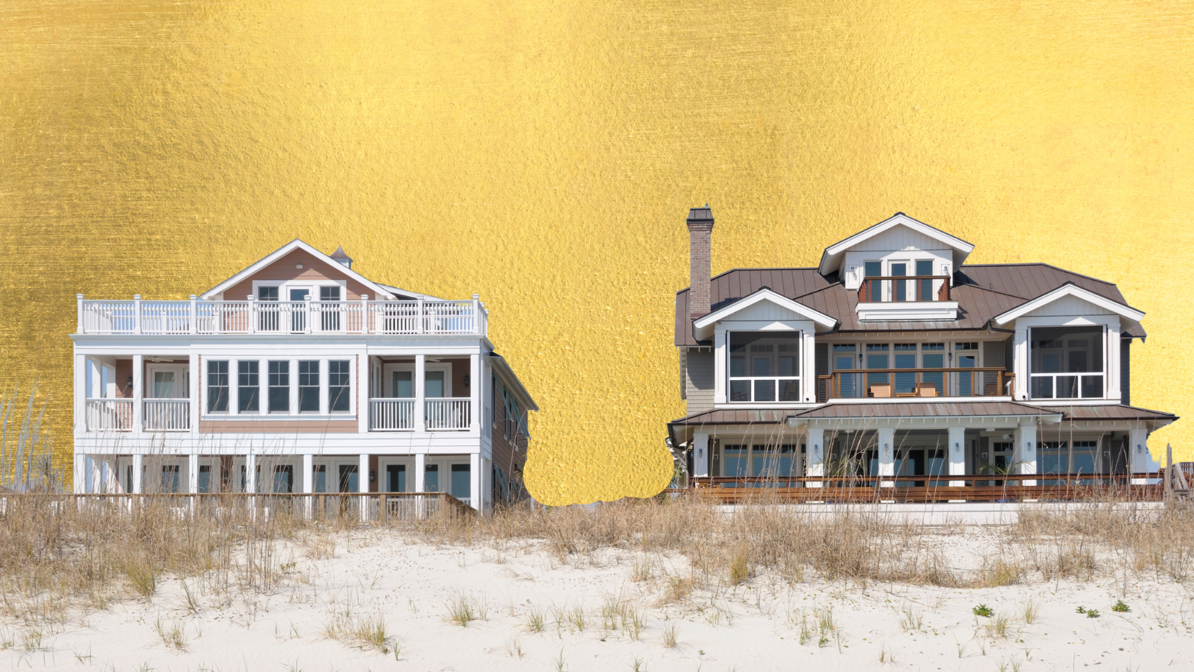 Two seaside houses on a sandy beach with tall dune grasses and a bright gold backdrop between them.
