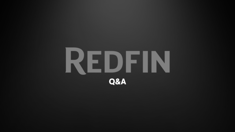 Branding slide with gray REDFIN logo and white Q&A caption on a dark gradient background.