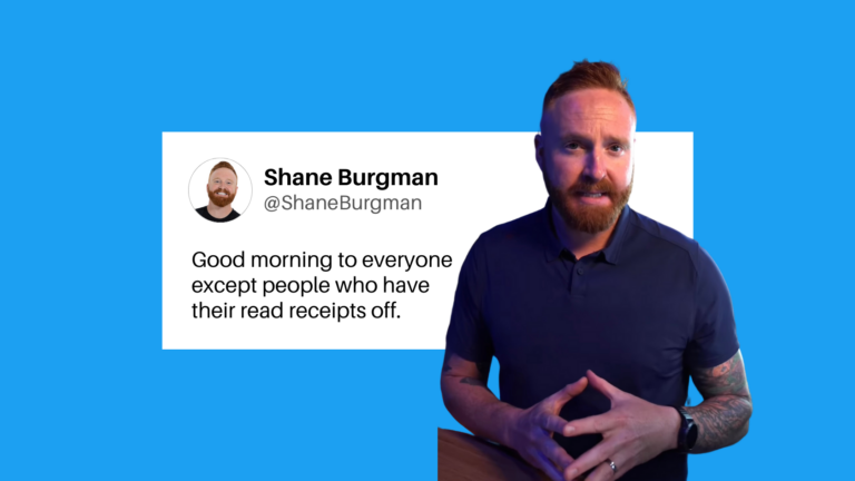 Portrait of Shane Burgman beside a white text card on a blue background showing his name, handle, and a humorous quote about read receipts off.