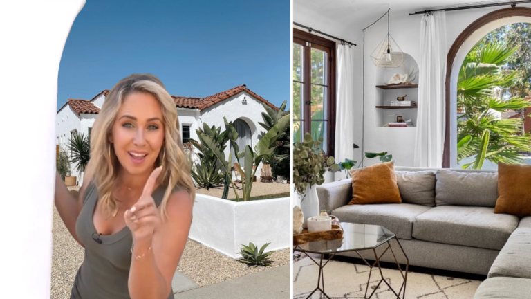 Split-view image: left side shows a woman with blonde hair smiling and pointing at a white Mediterranean-style house with a red-tiled roof and desert garden; right side shows a modern living room with a gray sectional, orange cushions, and a large arched window overlooking greenery.