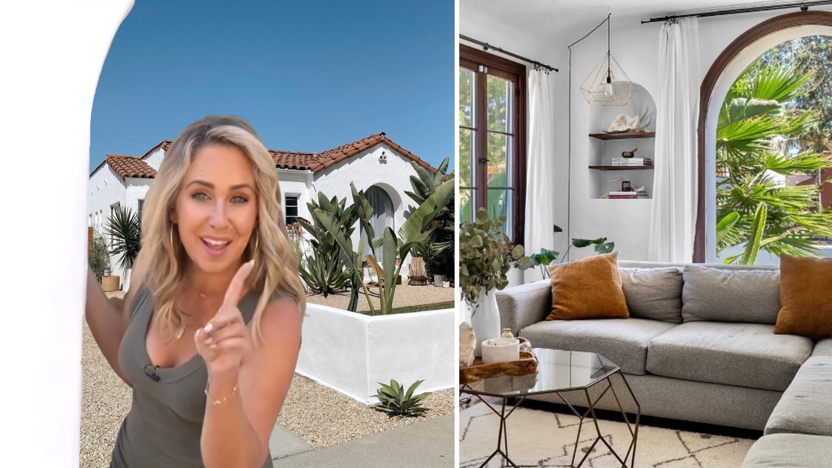 Split-view image: left side shows a woman with blonde hair smiling and pointing at a white Mediterranean-style house with a red-tiled roof and desert garden; right side shows a modern living room with a gray sectional, orange cushions, and a large arched window overlooking greenery.