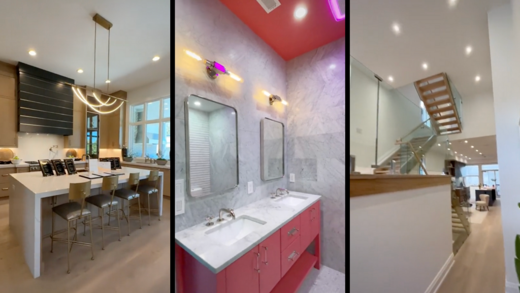 Collage of a modern home interior: left kitchen island with stools, center marble bathroom with pink vanity, right open living space with glass railing and staircase.