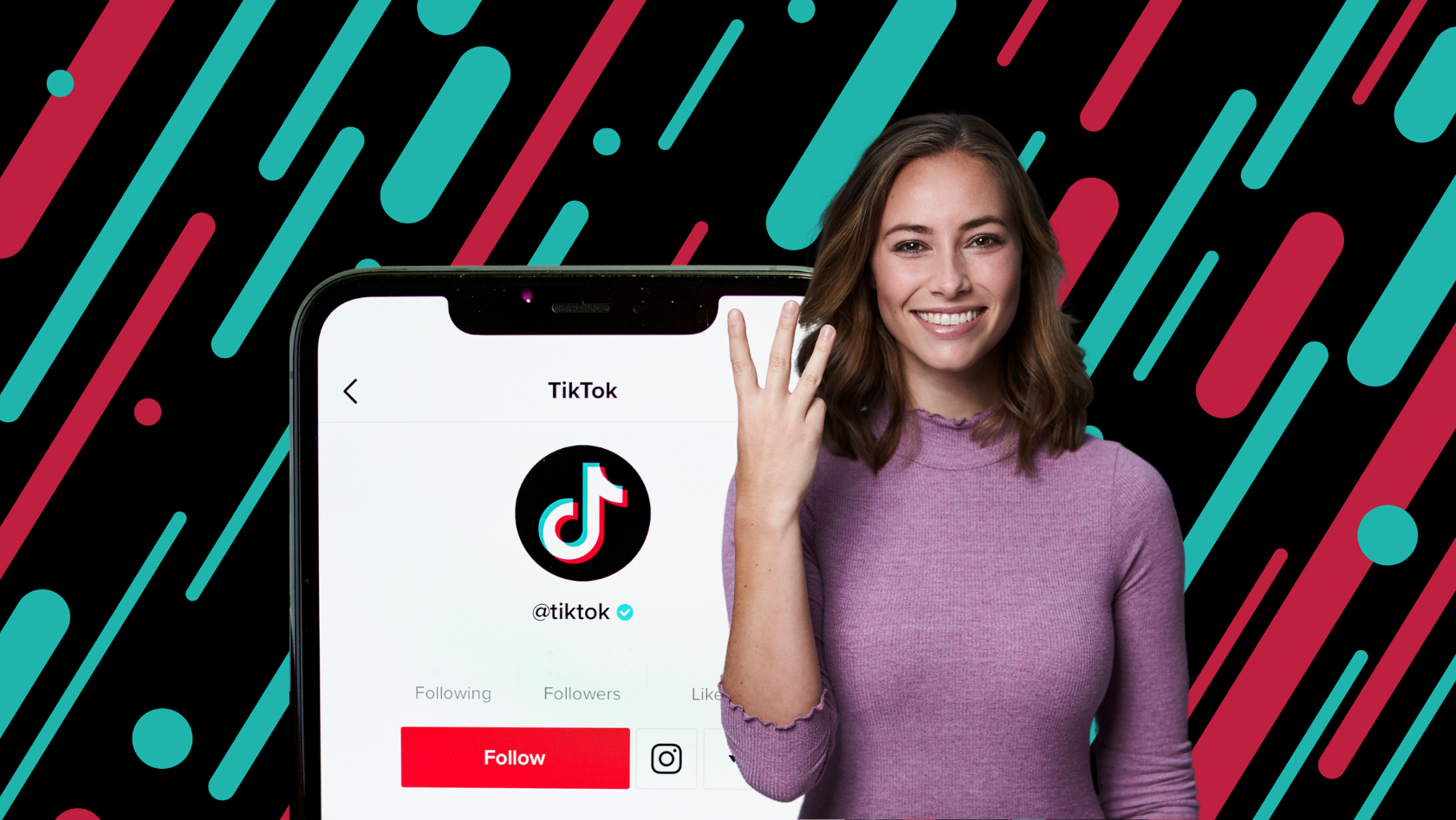 Smiling woman beside a large smartphone screen displaying a TikTok profile (@tiktok) with a Follow button on a bold geometric backdrop.