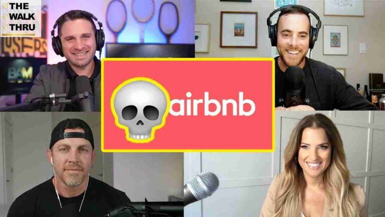 Four podcast hosts appear in a grid around a centered Airbnb graphic with a skull illustration in a yellow border, suggesting a discussion about Airbnb.